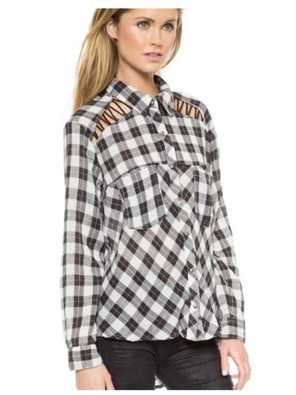 FREE PEOPLE Black White Plaid Snap Button Down Shirt Cutout Size Small